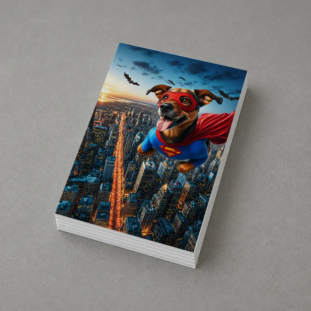 Superhero Dog Flying Over City Skyline – Postcards
