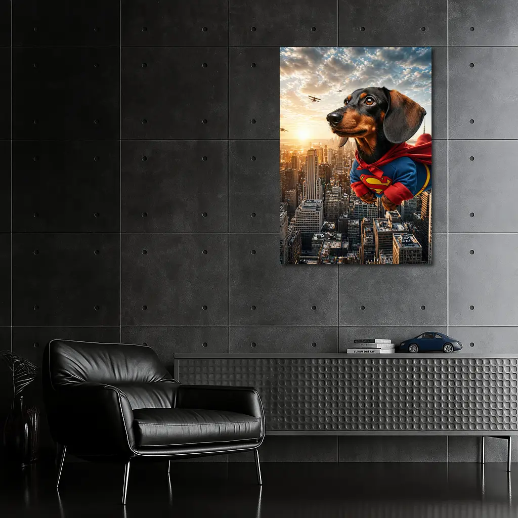 Dachshund Superman Flying Over City Skyline – Wall Art