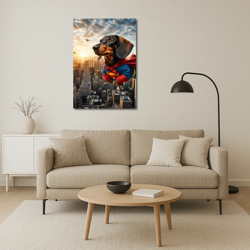 Dachshund Superman Flying Over City Skyline – Wall Art