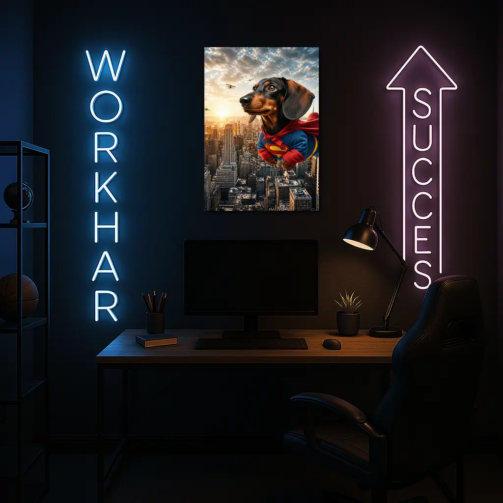 Dachshund Superman Flying Over City Skyline – Wall Art