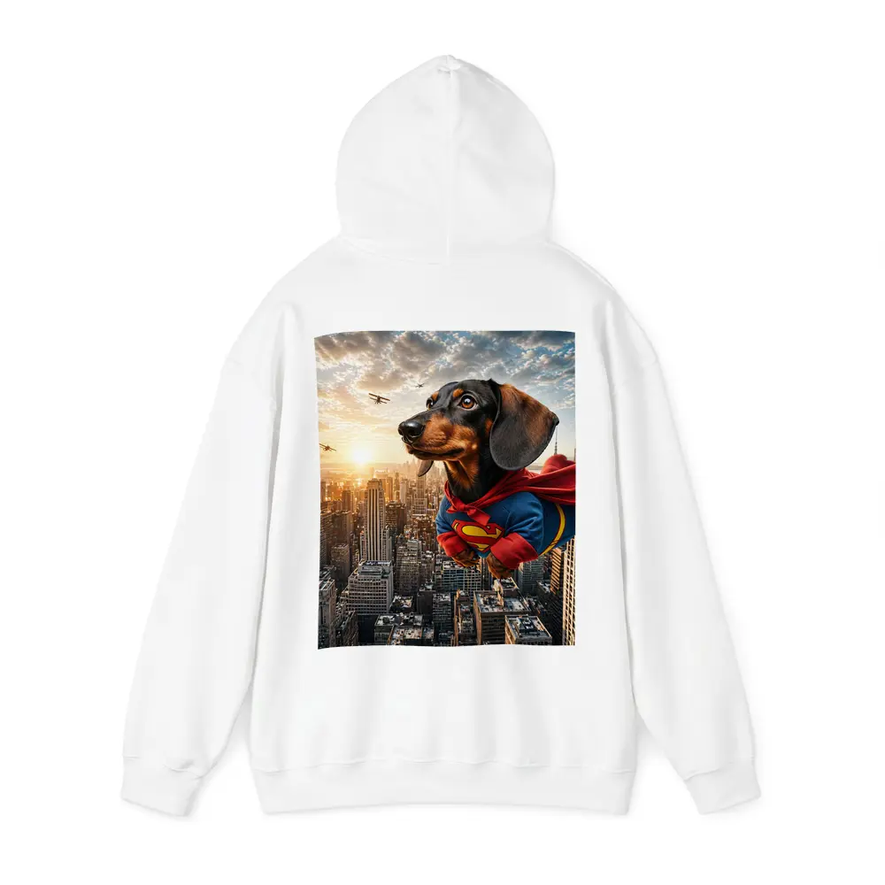 Dachshund Superman Flying Over City Skyline – Hoodies
