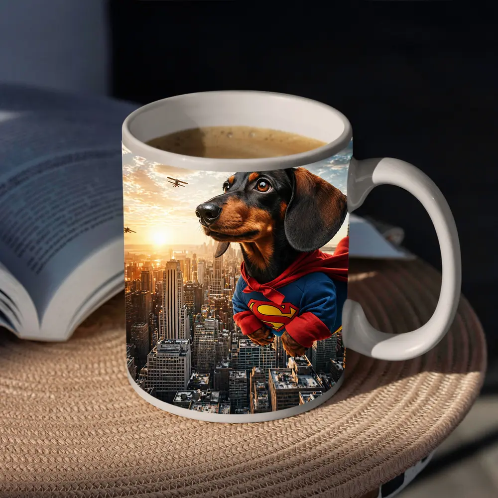 Dachshund Superman Flying Over City Skyline – Mugs