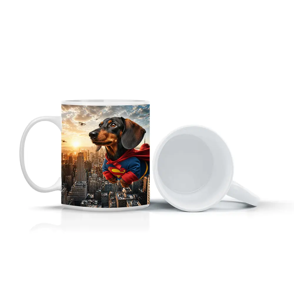 Dachshund Superman Flying Over City Skyline – Mugs