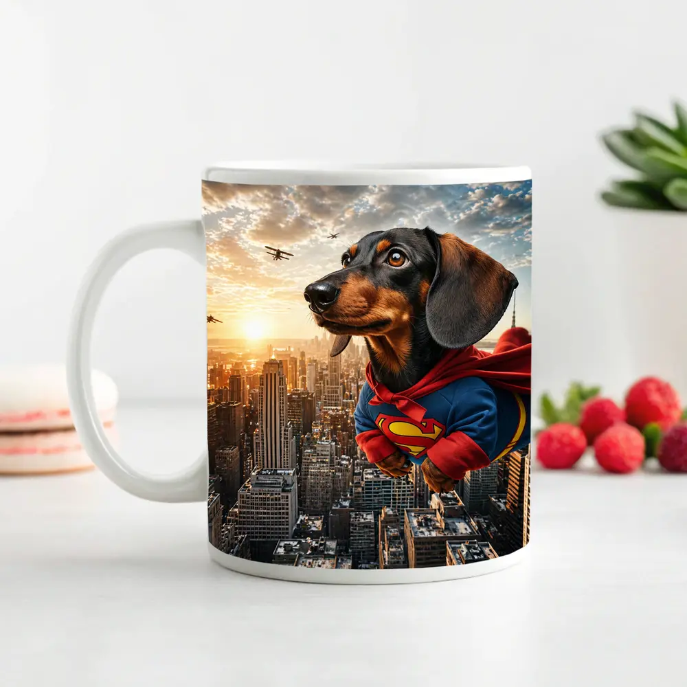 Dachshund Superman Flying Over City Skyline – Mugs