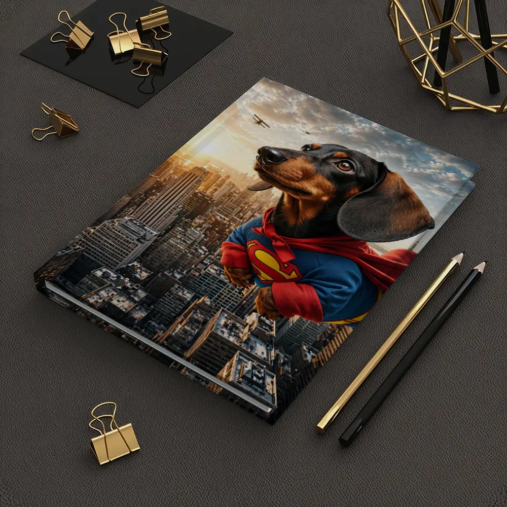 Dachshund Superman Flying Over City Skyline – Notebooks