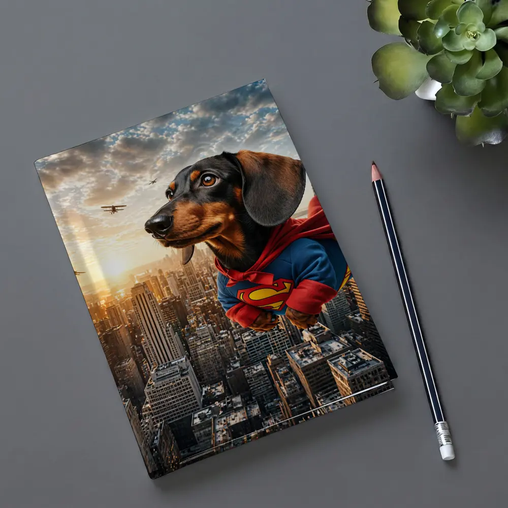 Dachshund Superman Flying Over City Skyline – Notebooks