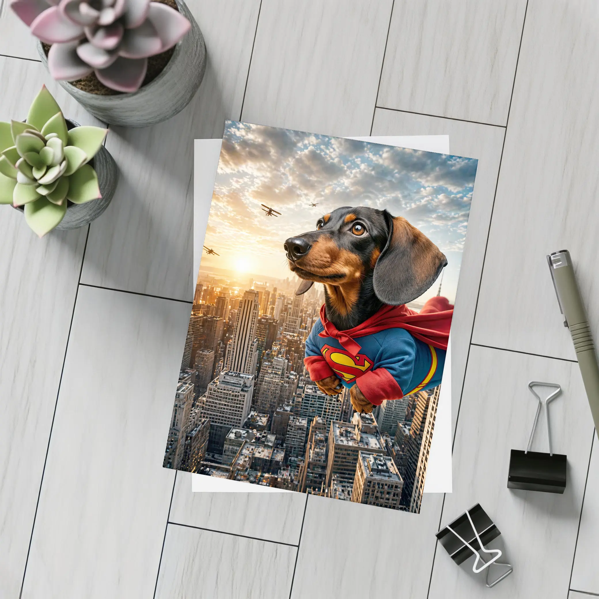 Dachshund Superman Flying Over City Skyline – Postcards