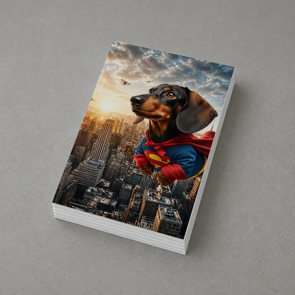 Dachshund Superman Flying Over City Skyline – Postcards