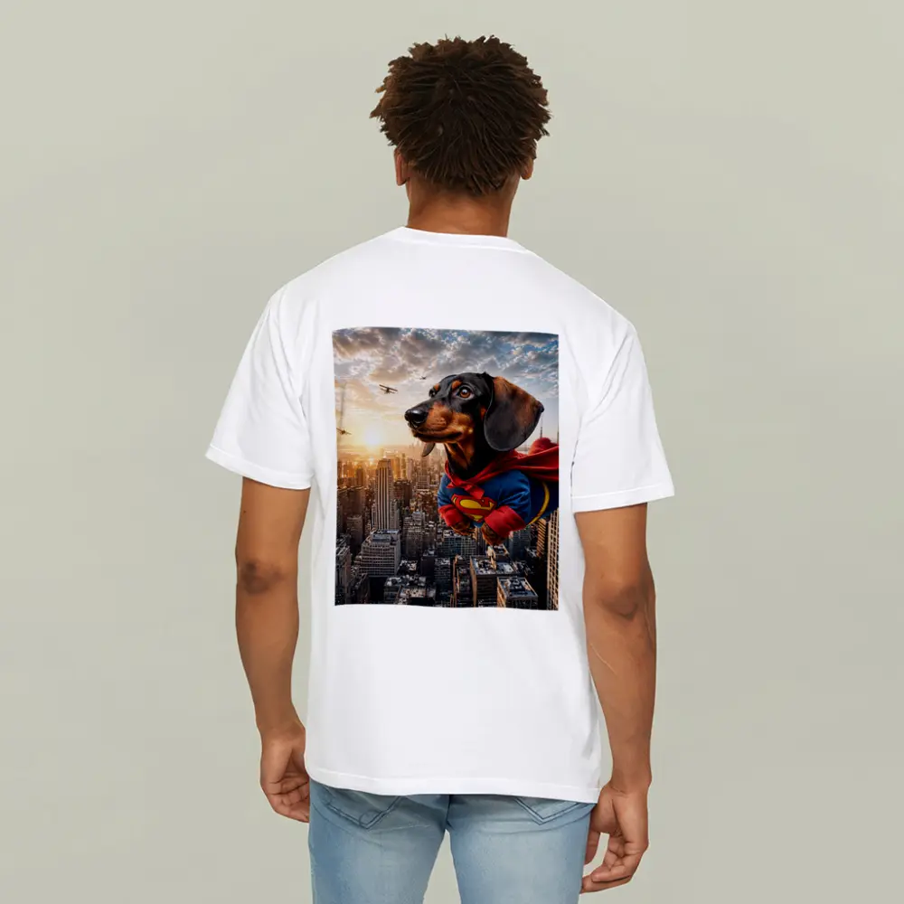 Dachshund Superman Flying Over City Skyline – T-Shirts