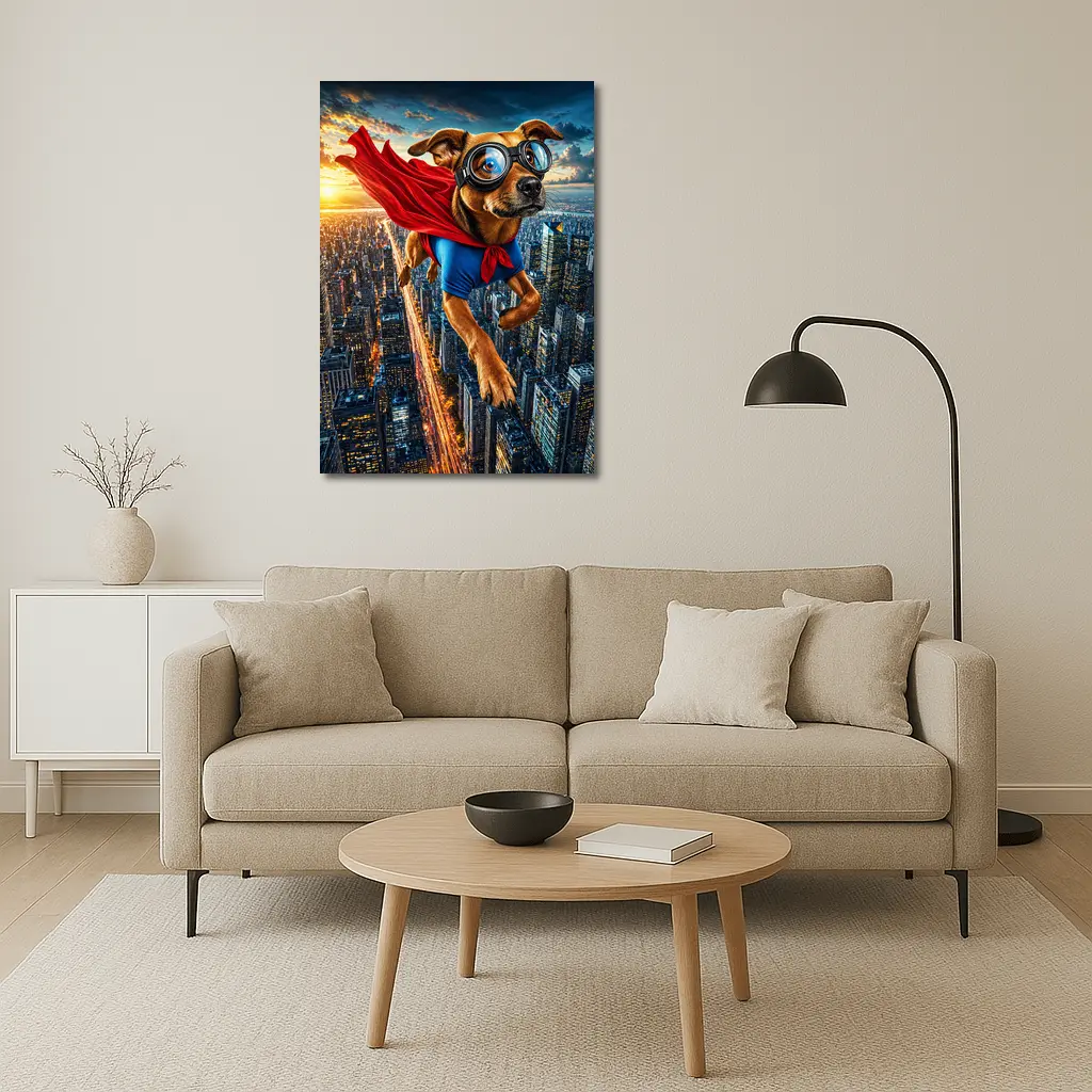 Superhero Dog Flying Over City Skyline – Wall Art