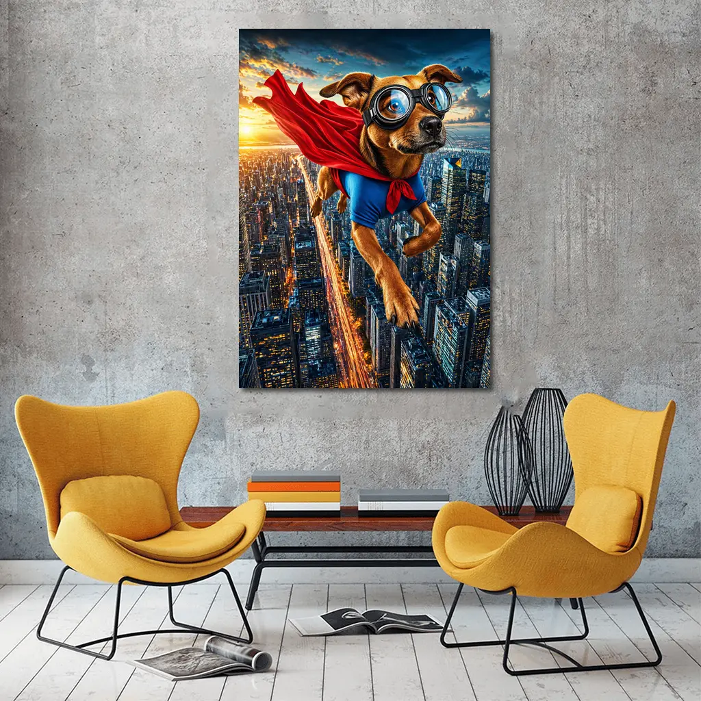 Superhero Dog Flying Over City Skyline – Wall Art