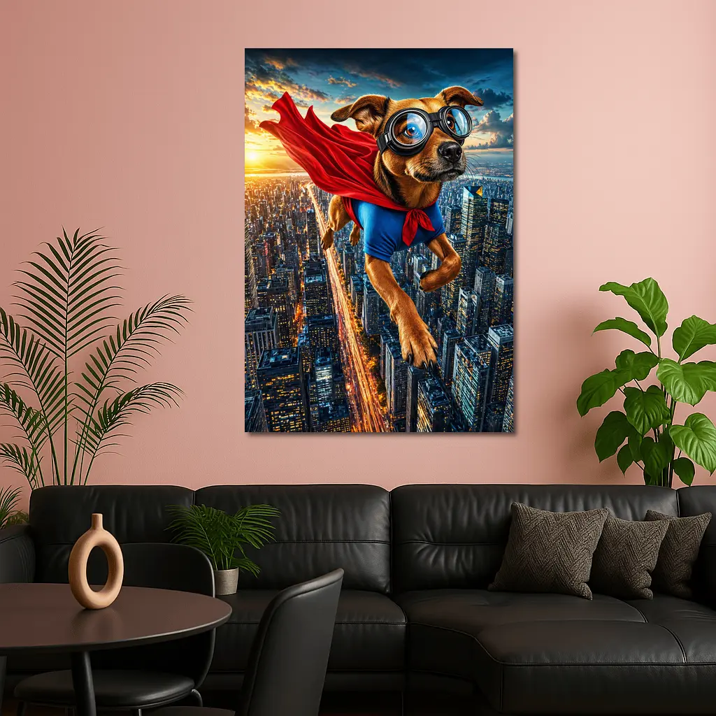 Superhero Dog Flying Over City Skyline – Wall Art