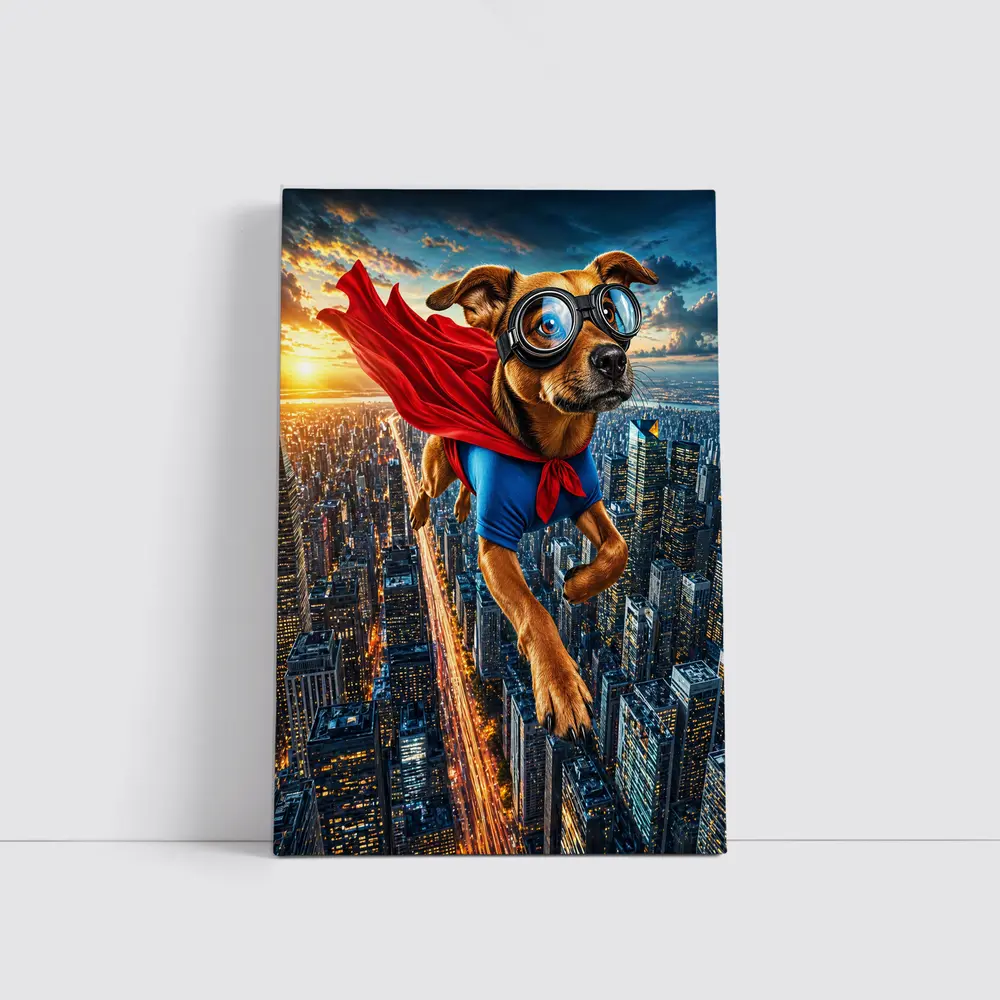 Superhero Dog Flying Over City Skyline – Wall Art