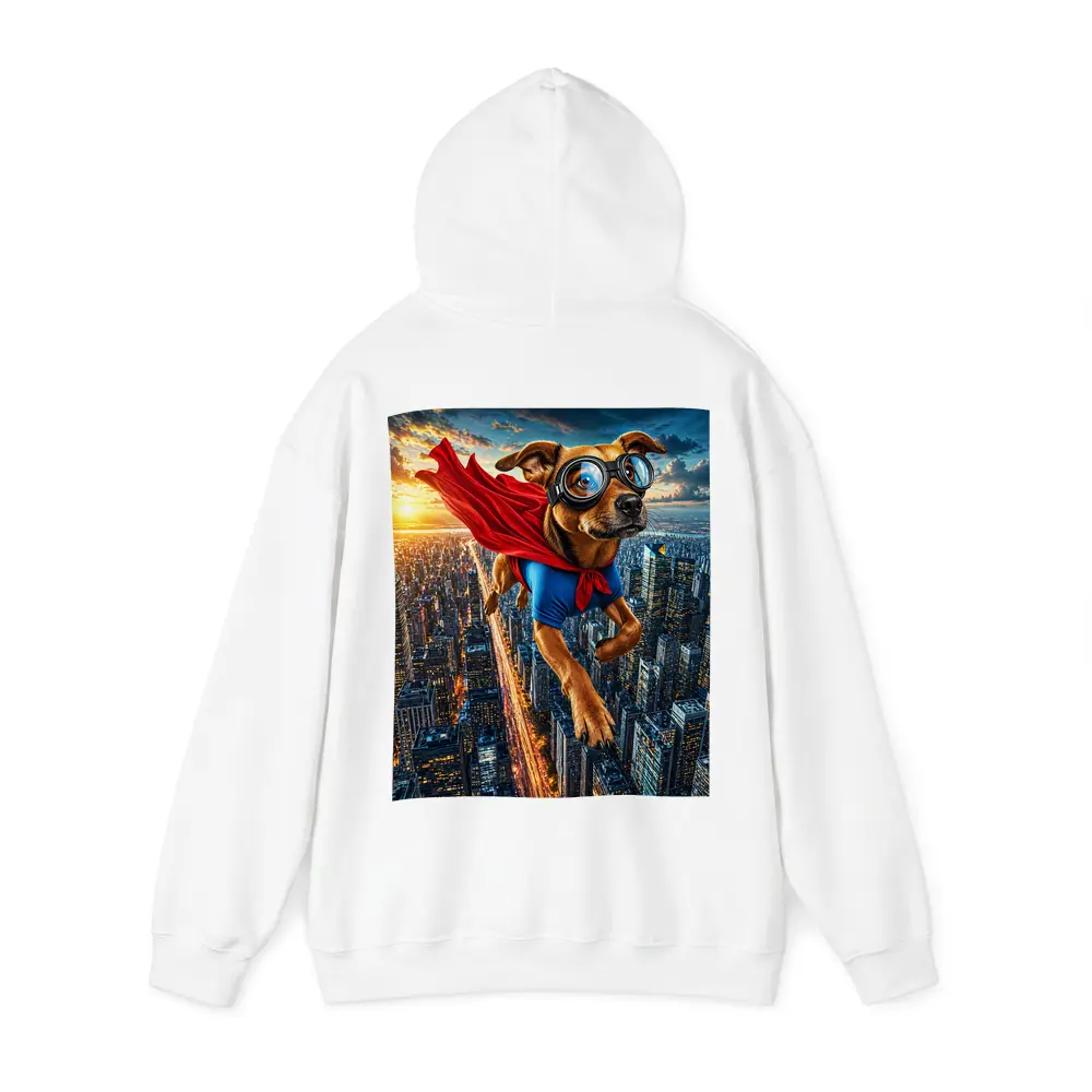 Superhero Dog Flying Over City Skyline – Hoodies