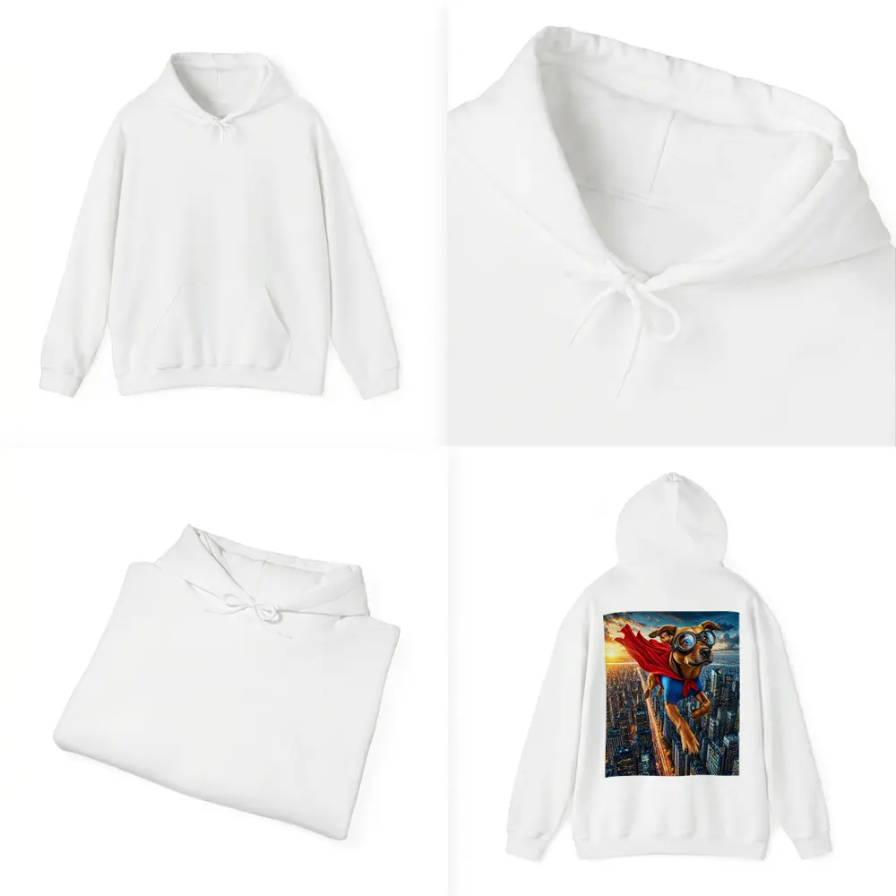Superhero Dog Flying Over City Skyline – Hoodies