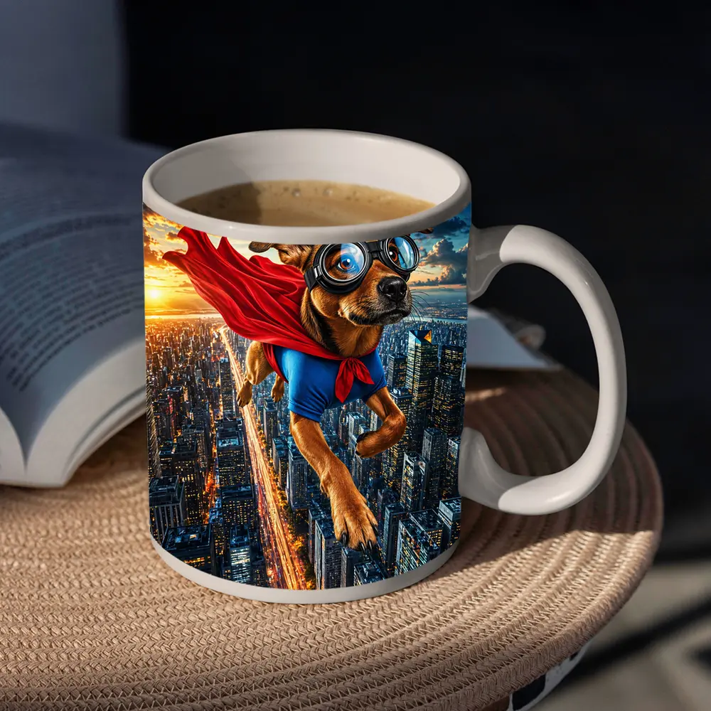 Superhero Dog Flying Over City Skyline – Mugs