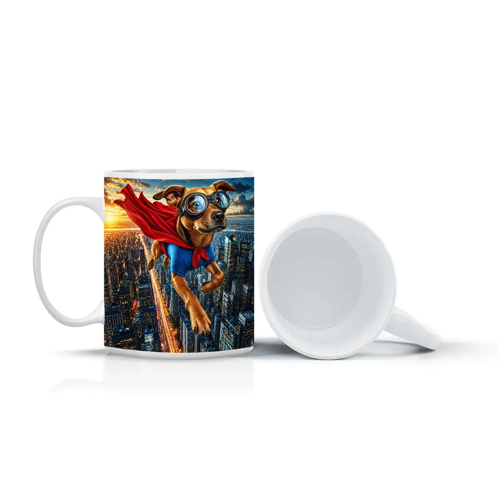 Superhero Dog Flying Over City Skyline – Mugs