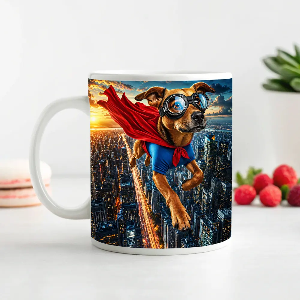 Superhero Dog Flying Over City Skyline – Mugs
