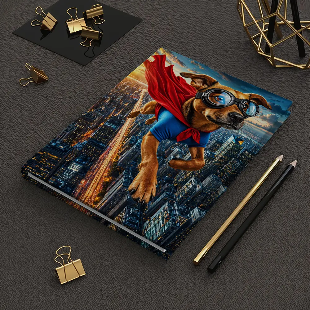 Superhero Dog Flying Over City Skyline – Notebooks