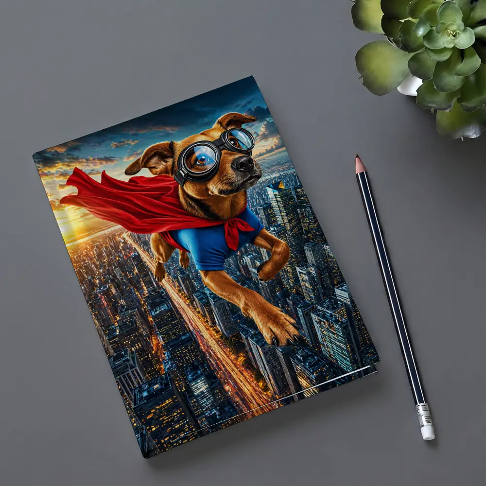 Superhero Dog Flying Over City Skyline – Notebooks