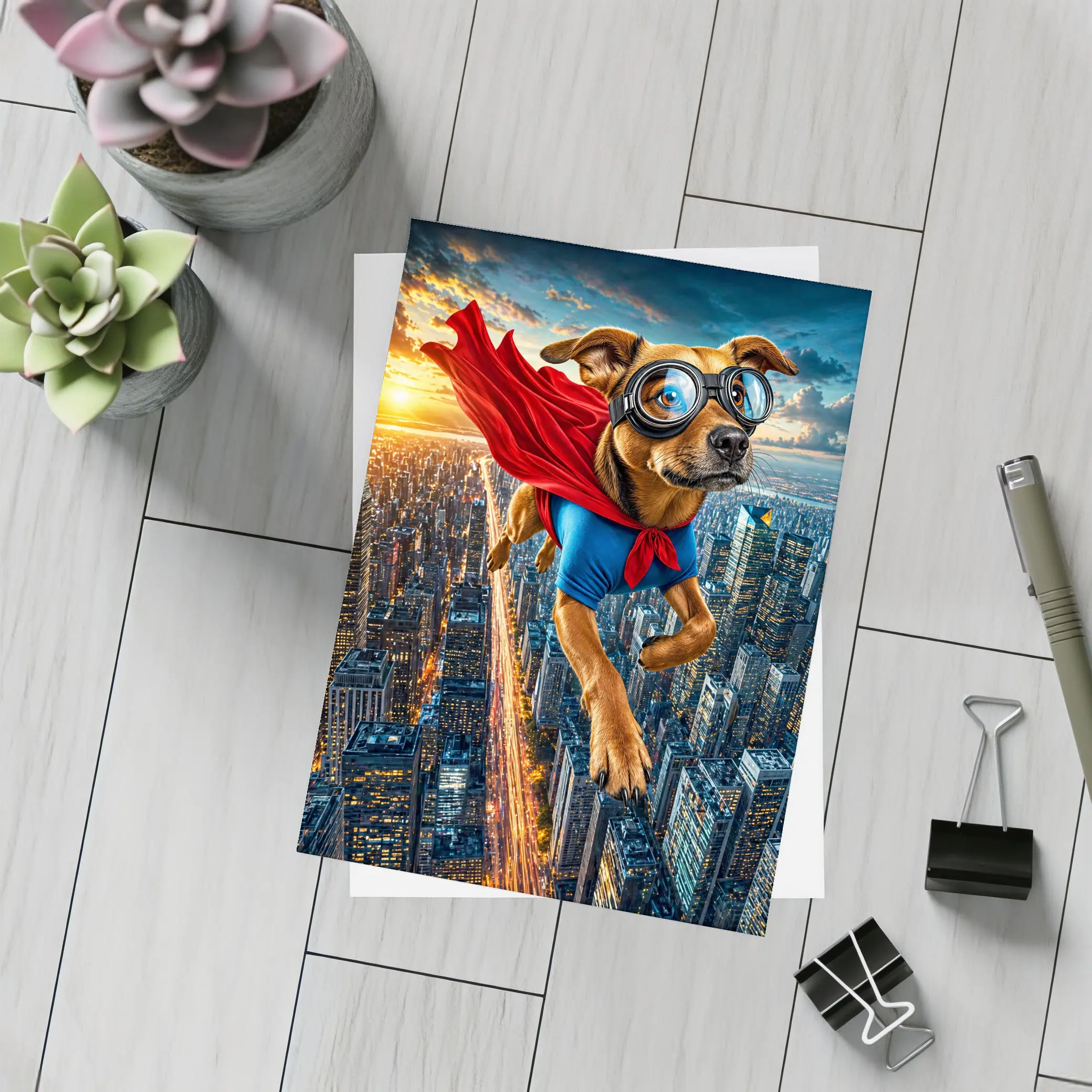Superhero Dog Flying Over City Skyline – Postcards