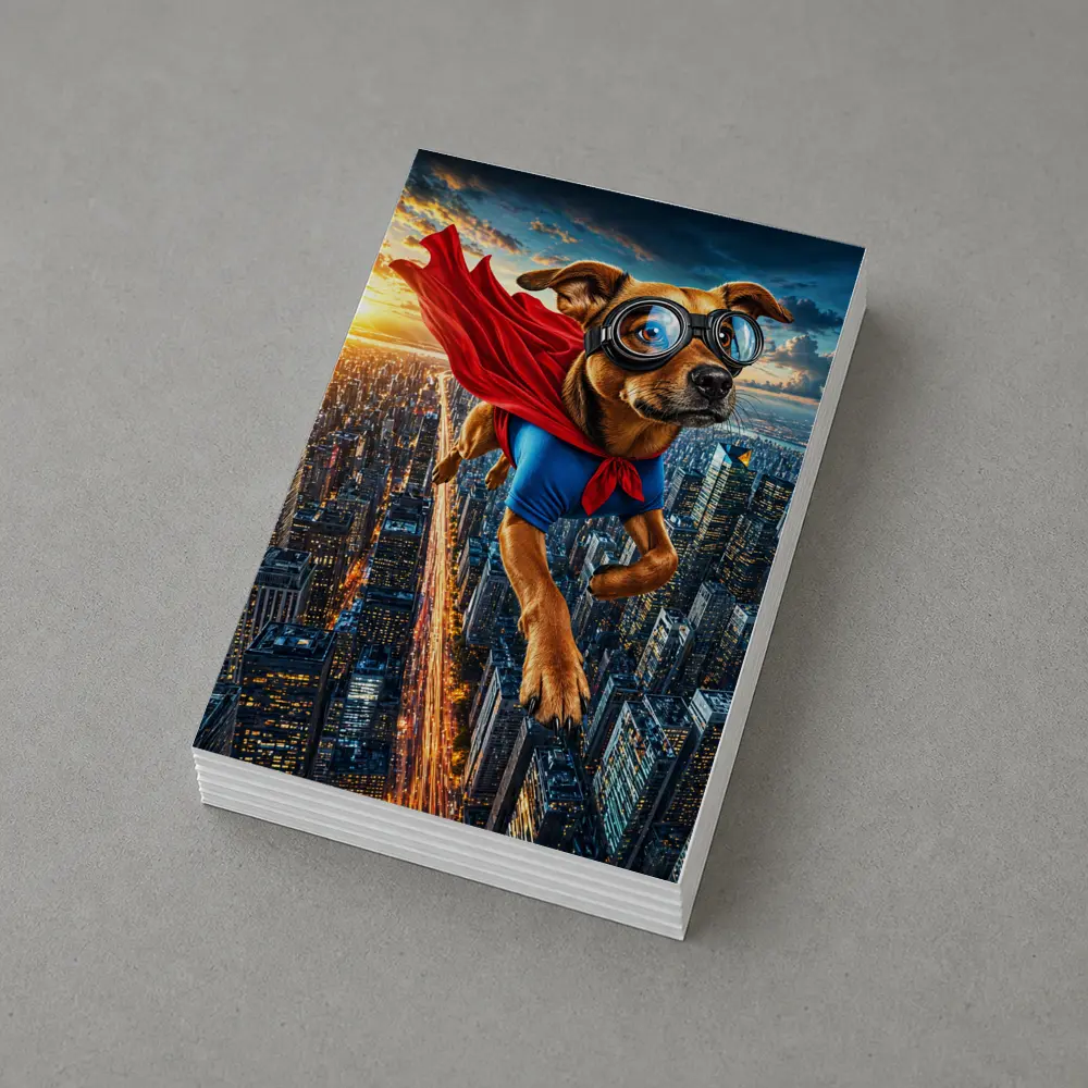 Superhero Dog Flying Over City Skyline – Postcards