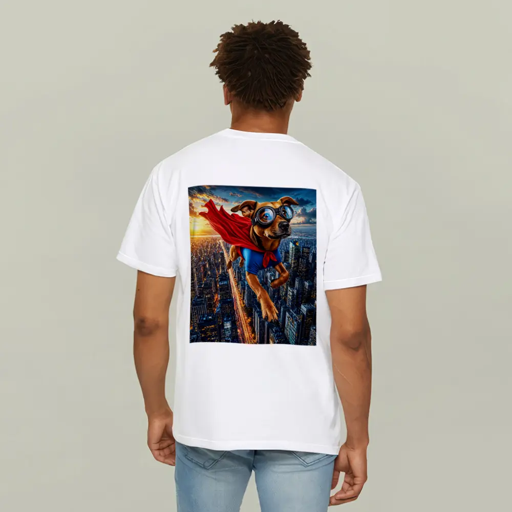 Superhero Dog Flying Over City Skyline – T-Shirts