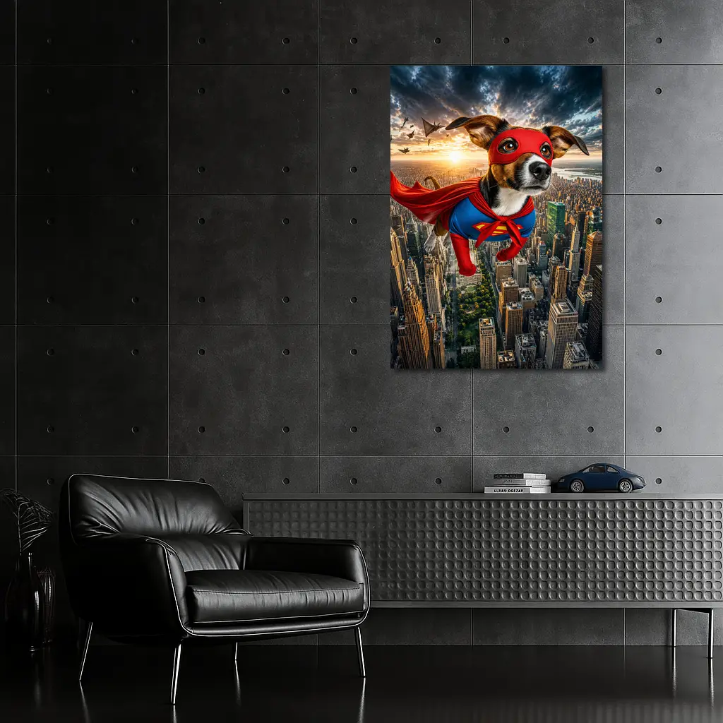 Jack Russell Terrier Superhero Flying Over City – Wall Art