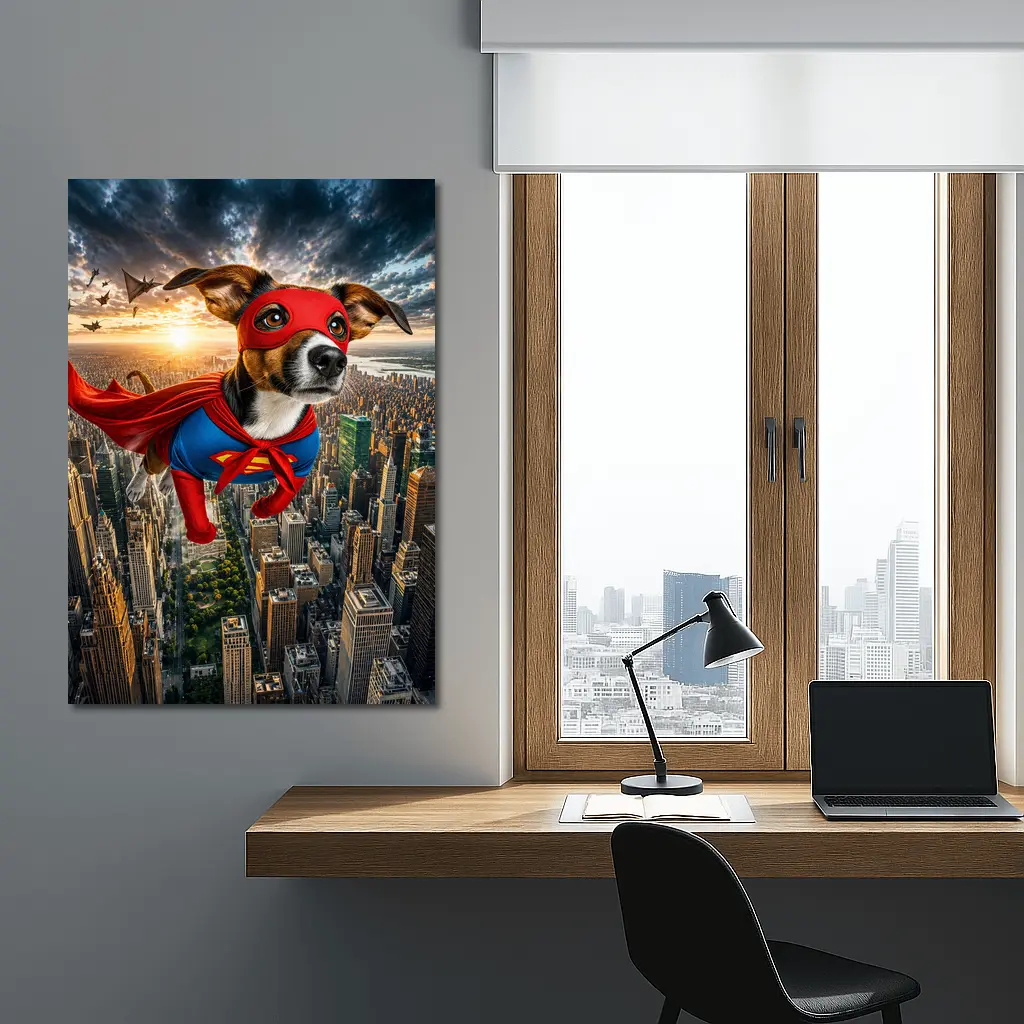 Jack Russell Terrier Superhero Flying Over City – Wall Art