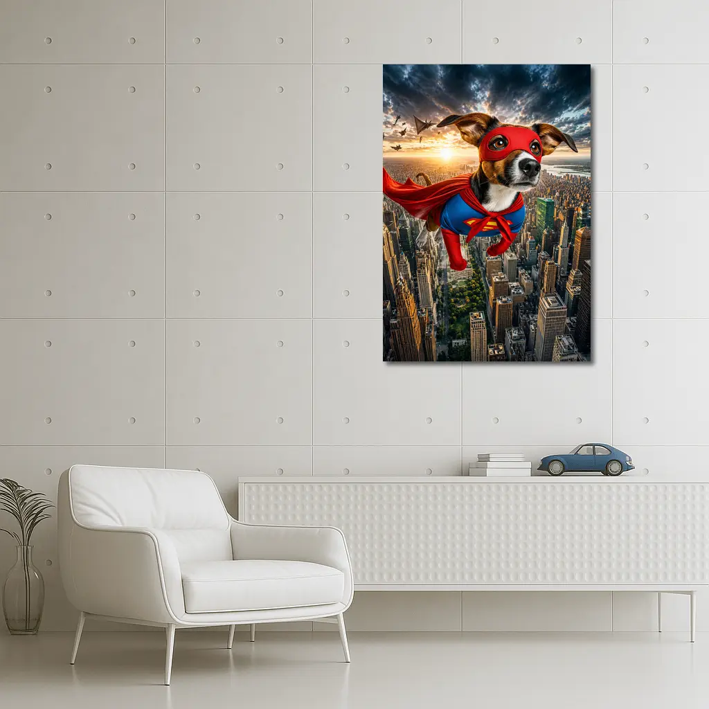 Jack Russell Terrier Superhero Flying Over City – Wall Art