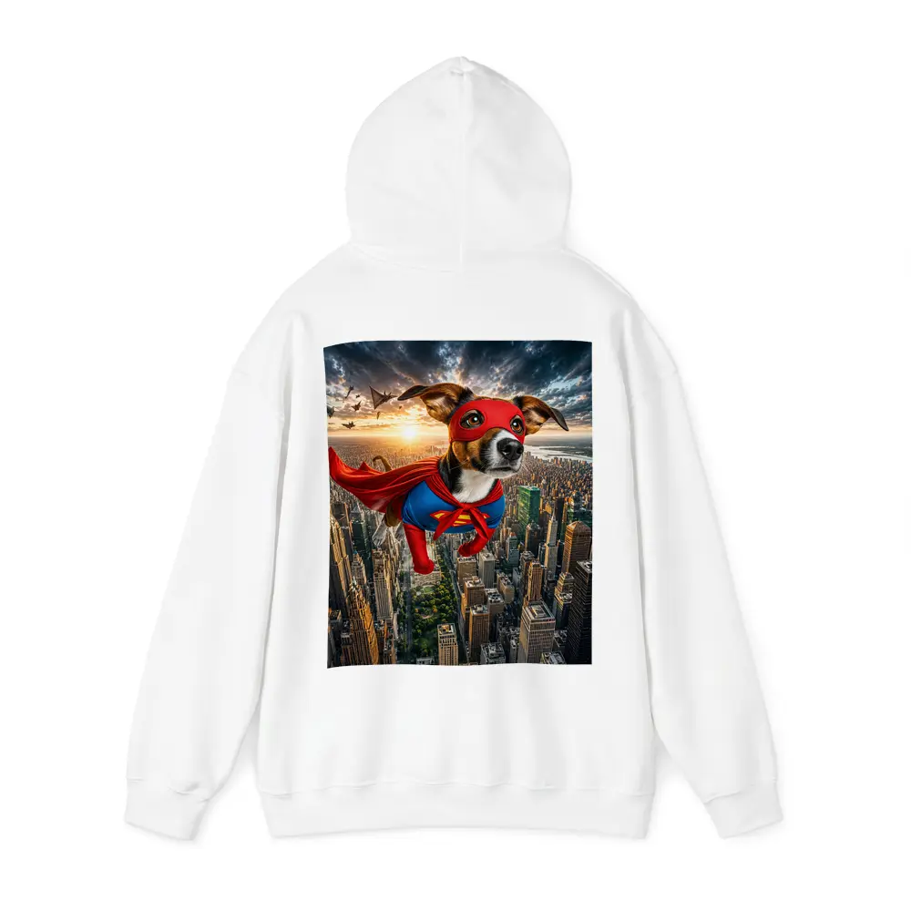 Jack Russell Terrier Superhero Flying Over City – Hoodies