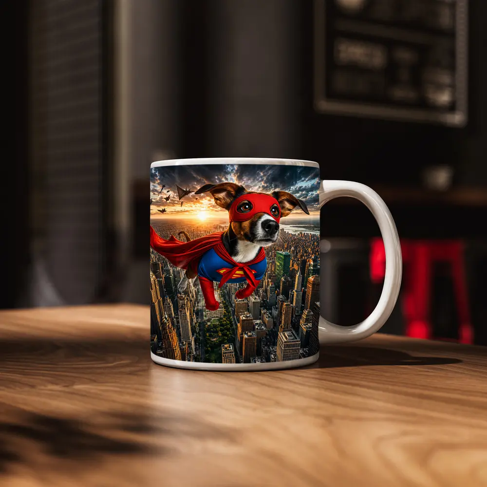 Jack Russell Terrier Superhero Flying Over City – Mugs