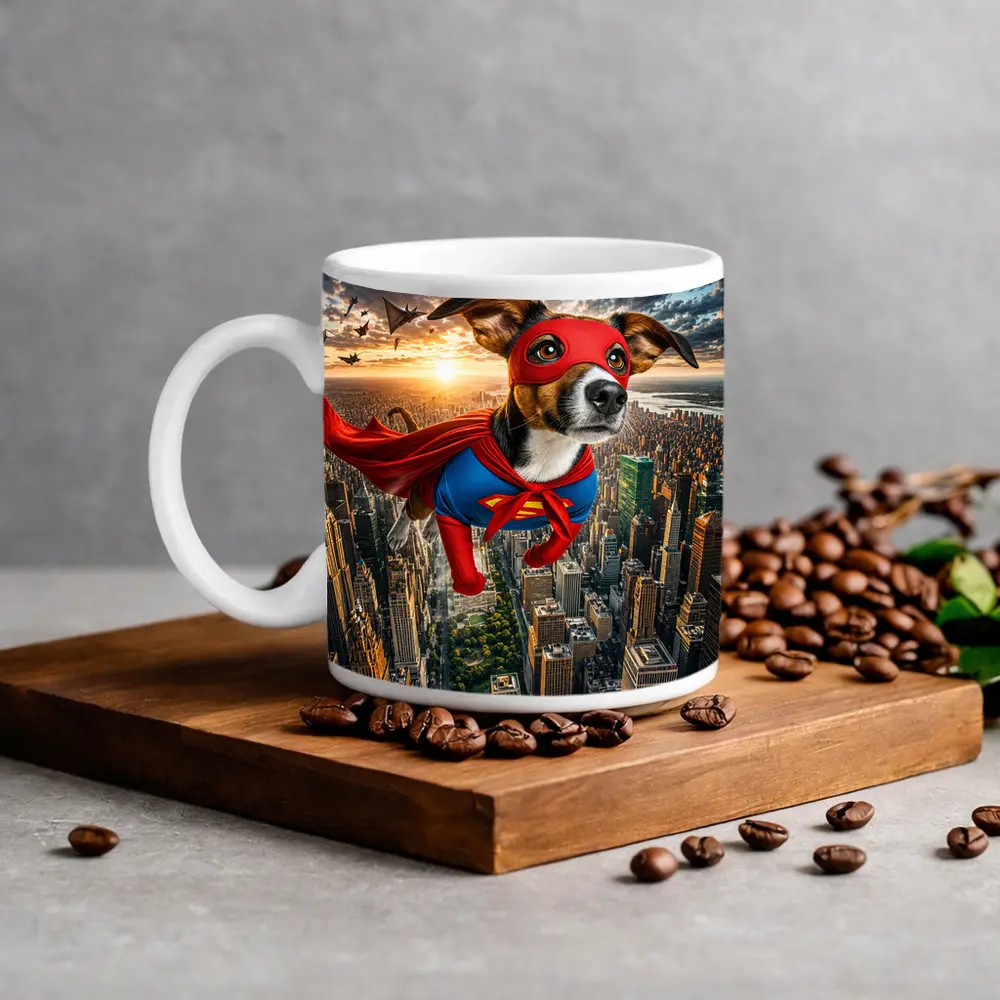 Jack Russell Terrier Superhero Flying Over City – Mugs