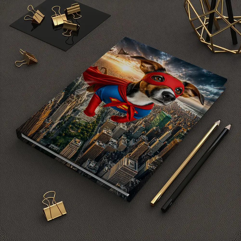 Jack Russell Terrier Superhero Flying Over City – Notebooks
