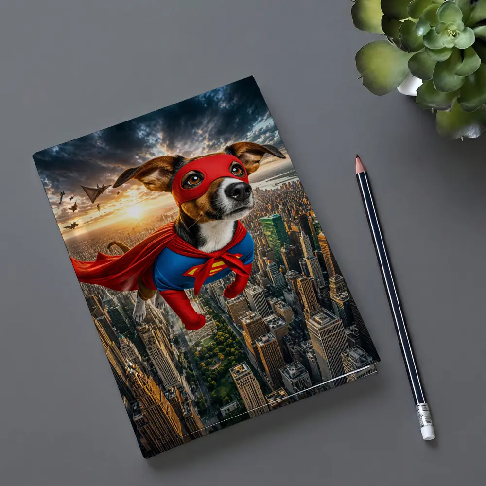 Jack Russell Terrier Superhero Flying Over City – Notebooks