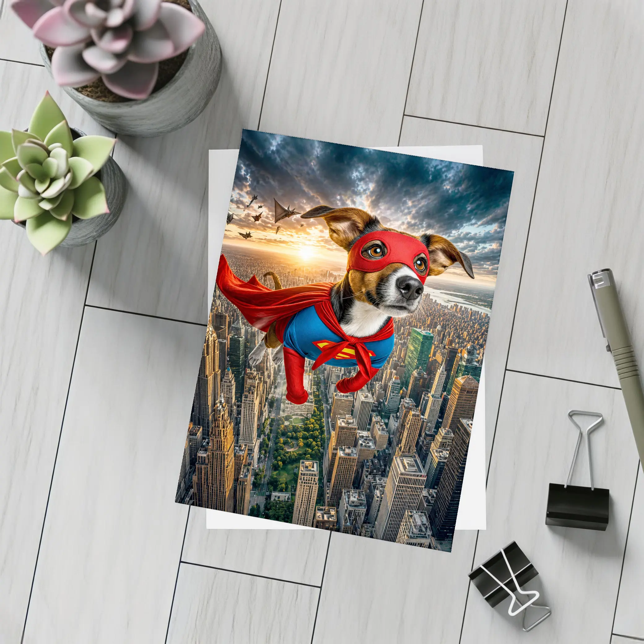 Jack Russell Terrier Superhero Flying Over City – Postcards