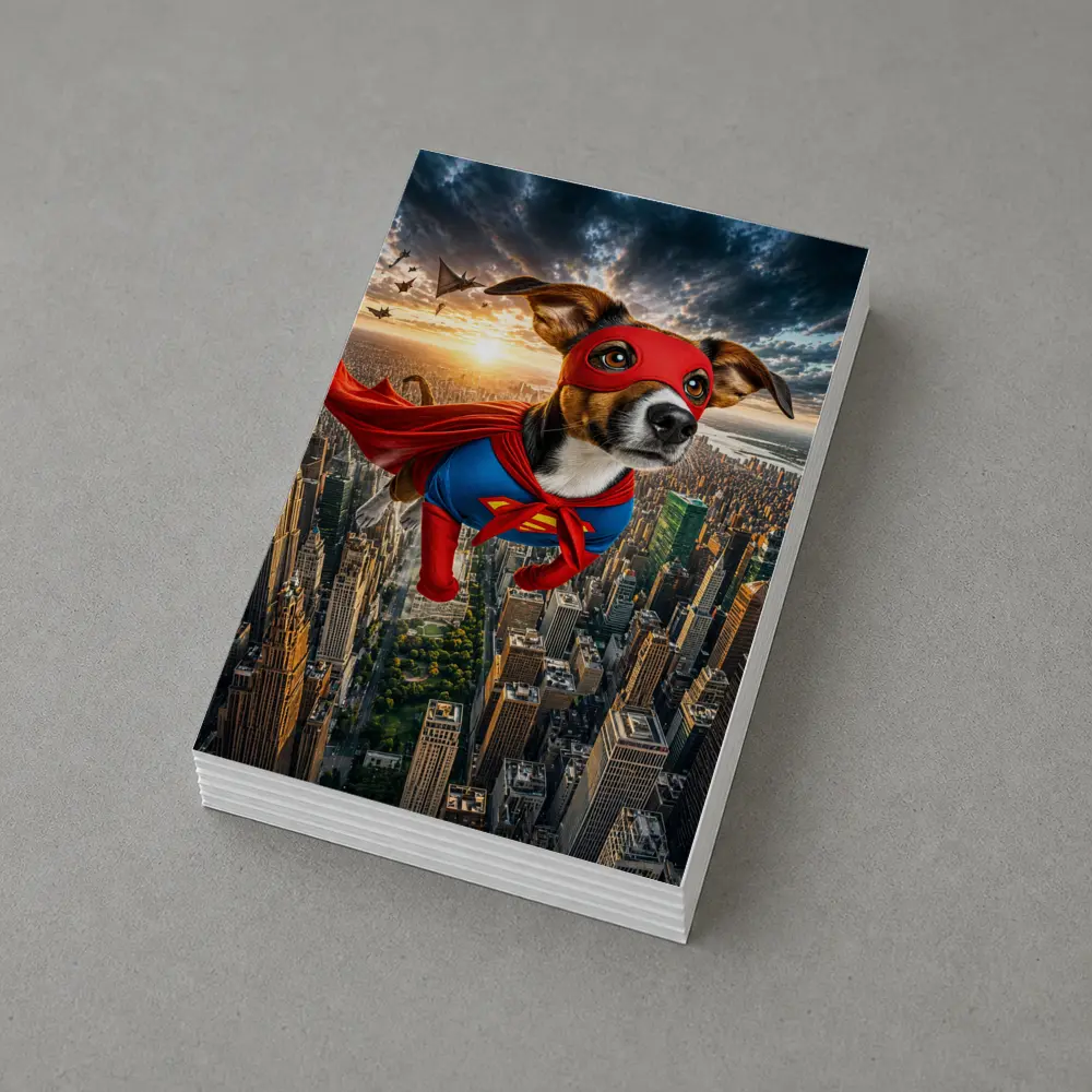 Jack Russell Terrier Superhero Flying Over City – Postcards