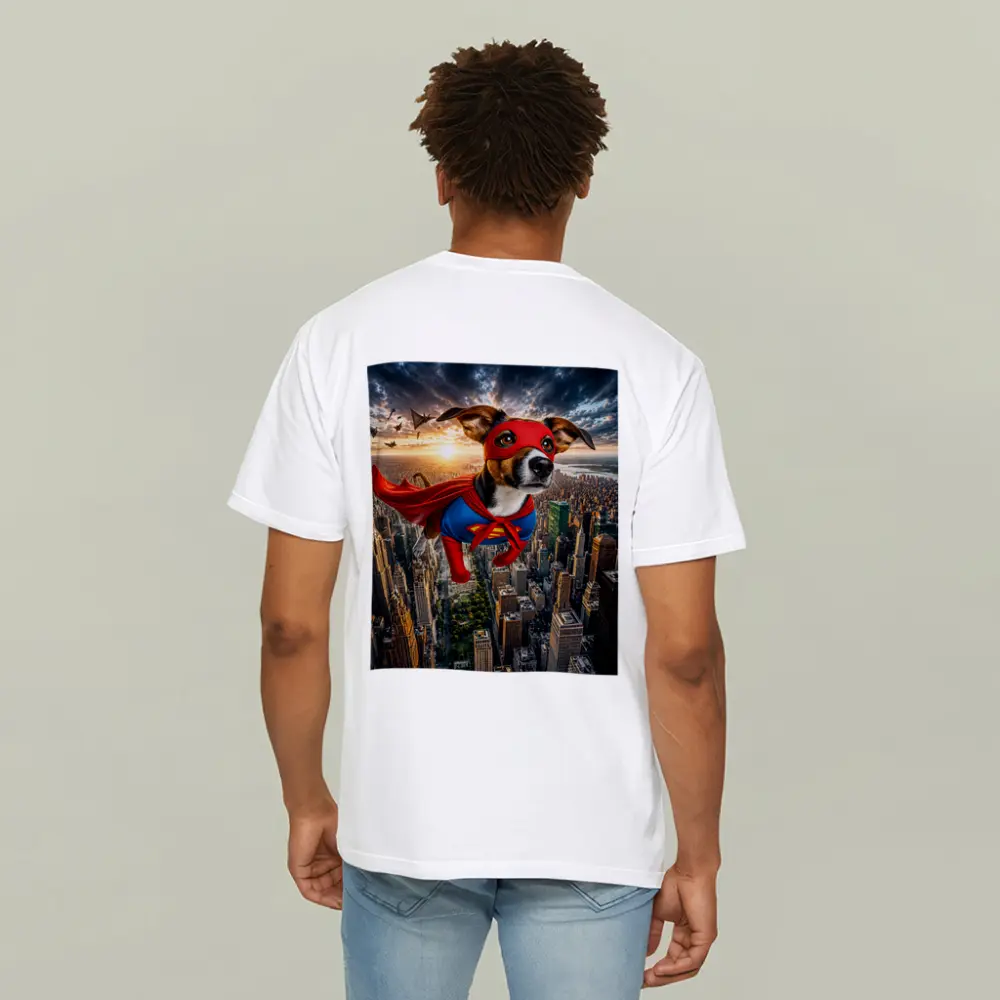 Jack Russell Terrier Superhero Flying Over City – T-Shirts