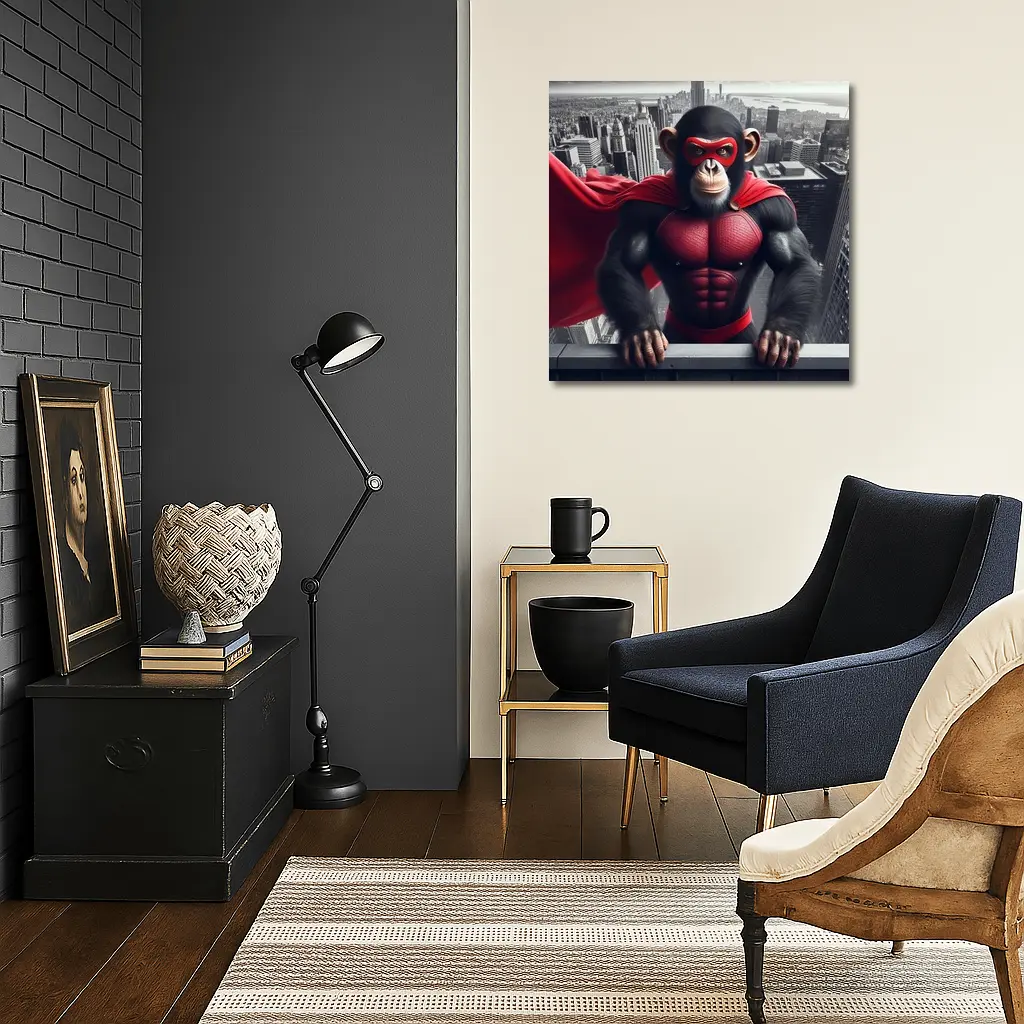 Superhero Chimpanzee Red Cape City Skyline – Wall Art