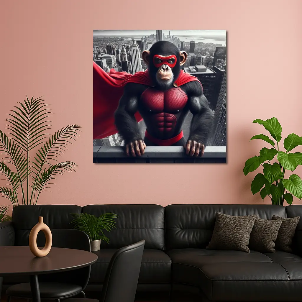 Superhero Chimpanzee Red Cape City Skyline – Wall Art