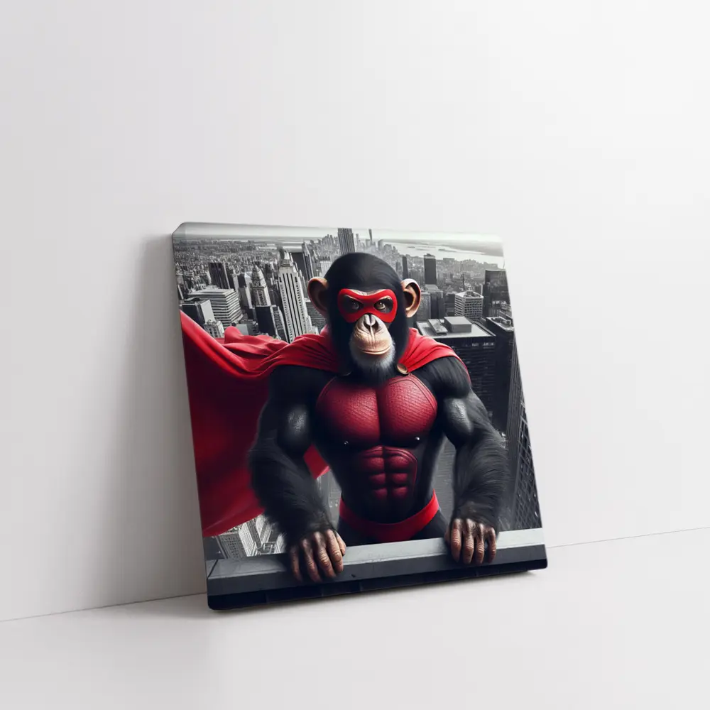 Superhero Chimpanzee Red Cape City Skyline – Wall Art