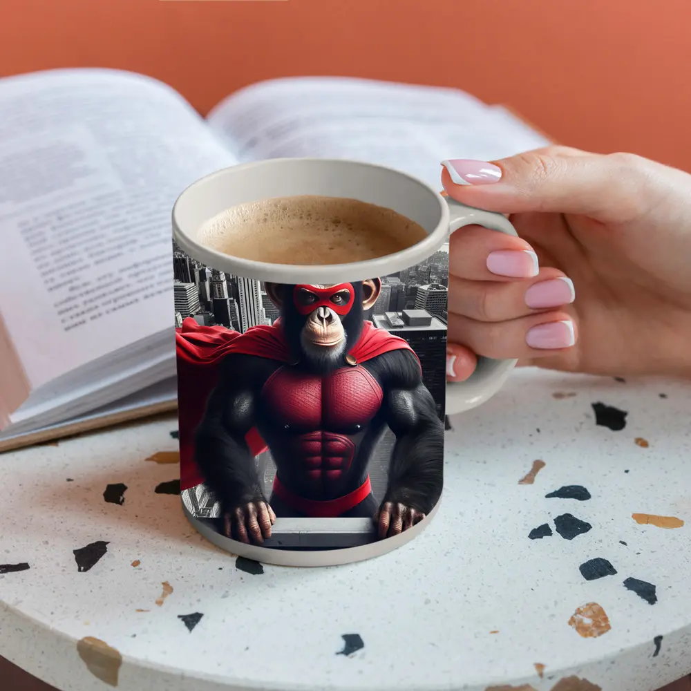 Superhero Chimpanzee Red Cape City Skyline – Mugs