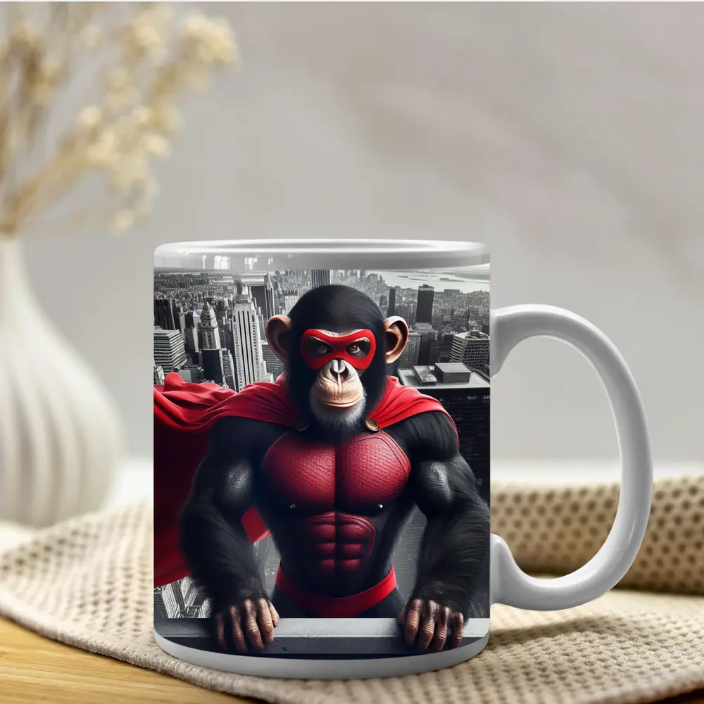 Superhero Chimpanzee Red Cape City Skyline – Mugs