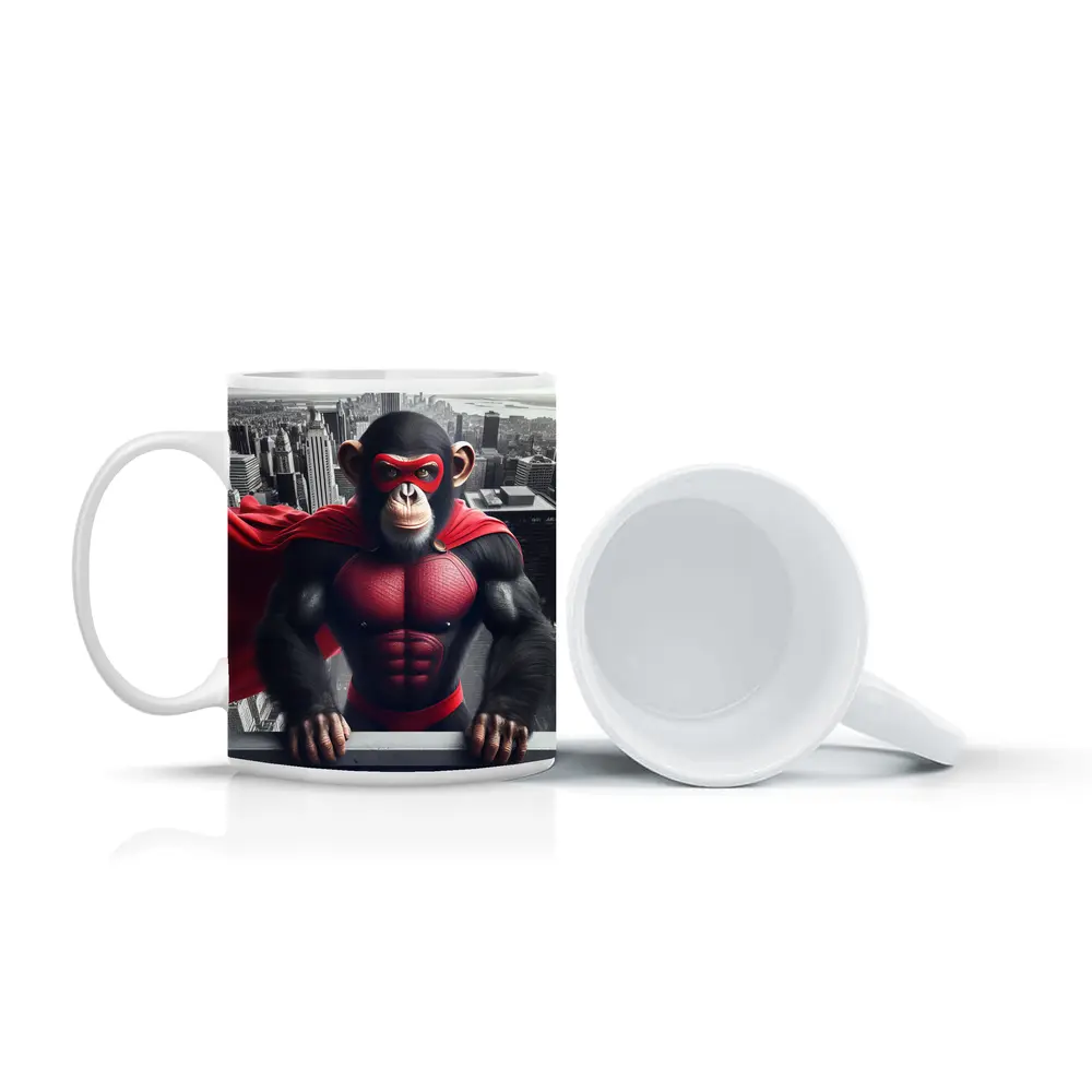 Superhero Chimpanzee Red Cape City Skyline – Mugs