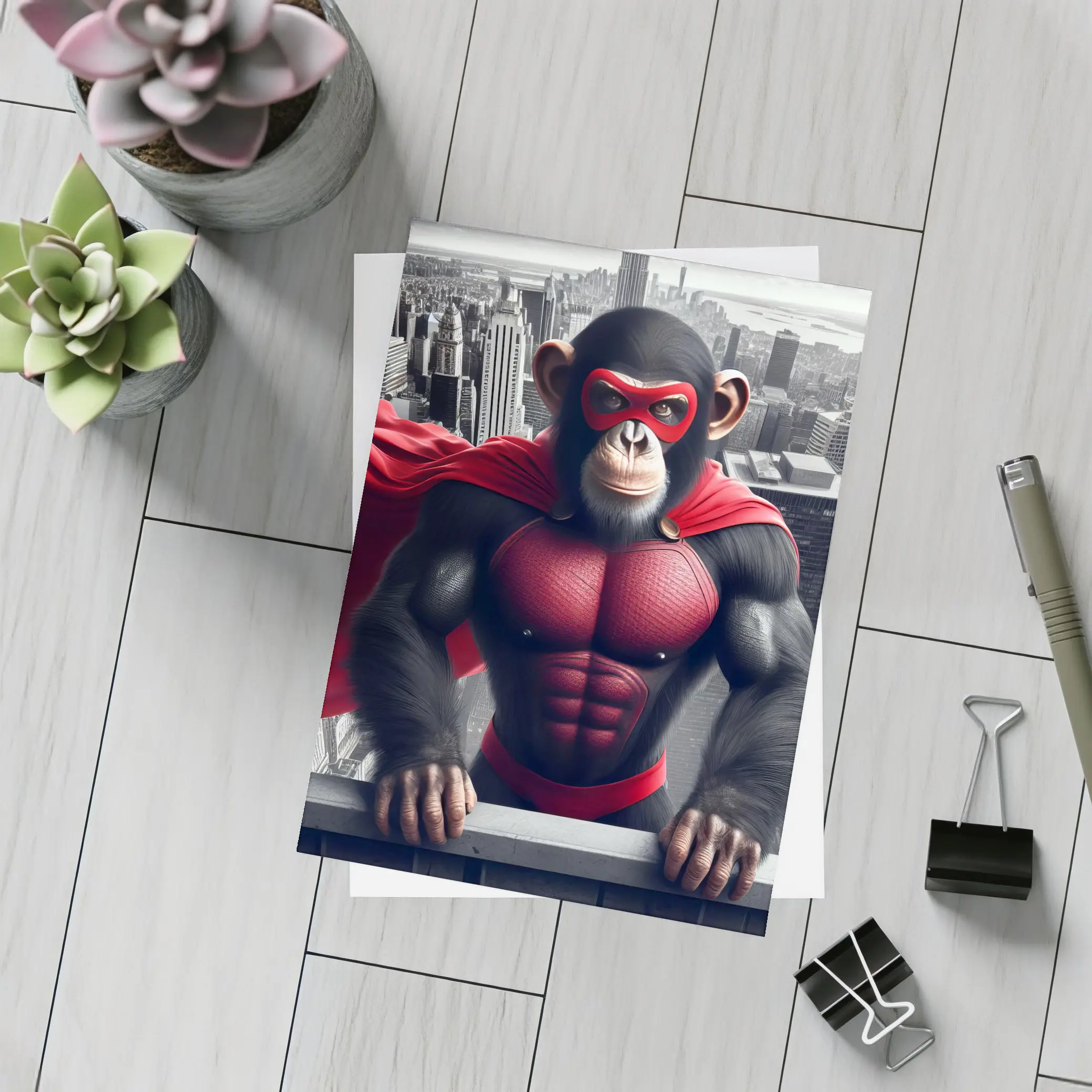 Superhero Chimpanzee Red Cape City Skyline – Postcards