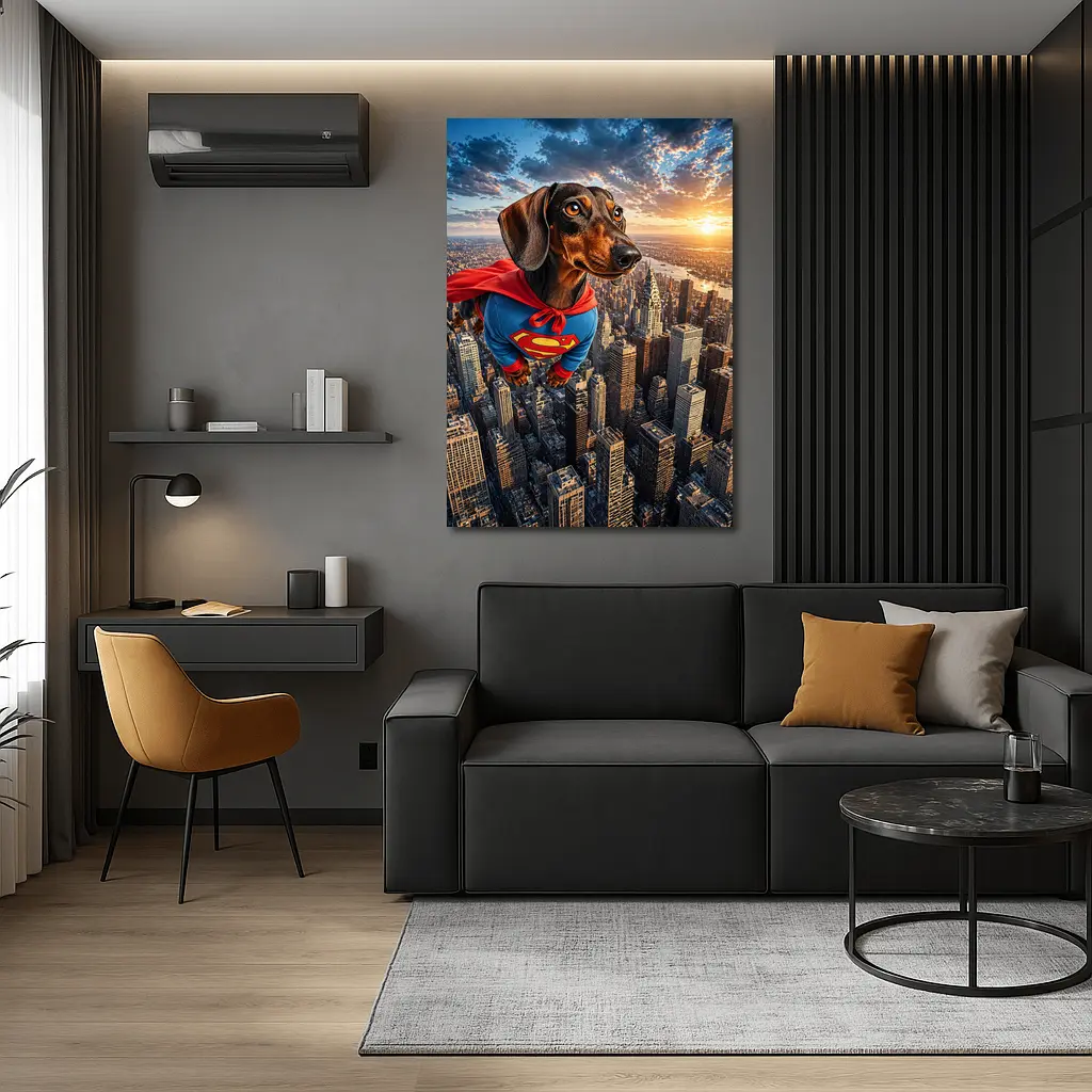 Superhero Dachshund Flying Over City Skyline – Wall Art