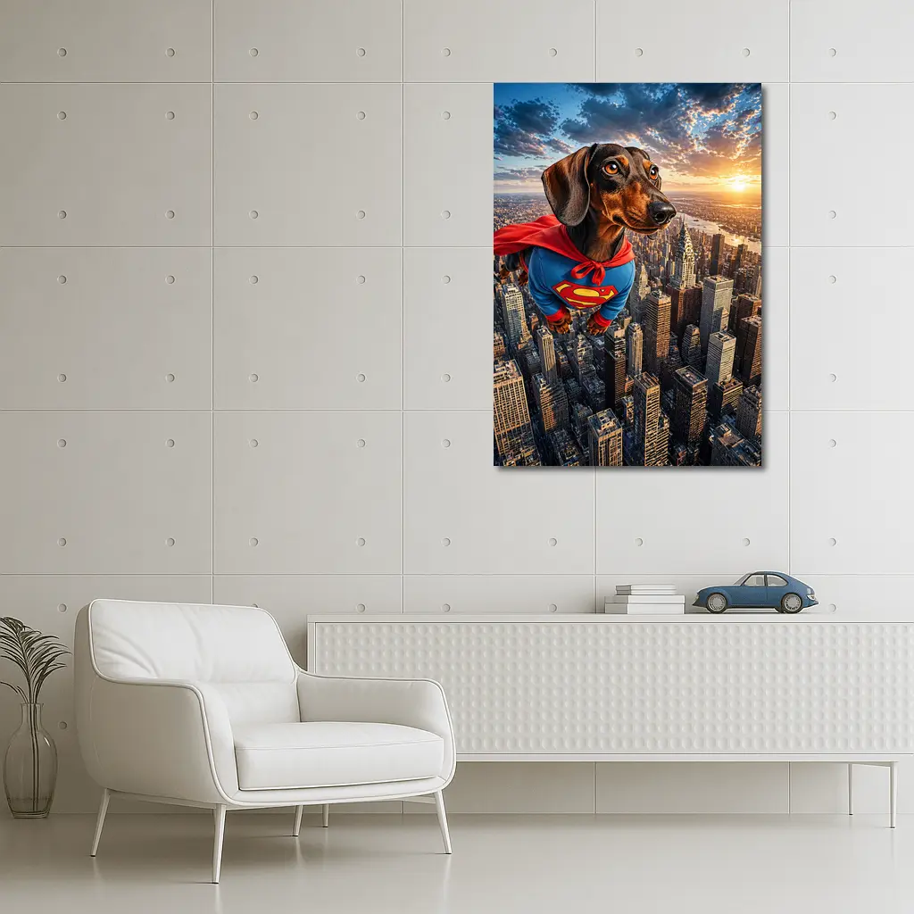 Superhero Dachshund Flying Over City Skyline – Wall Art