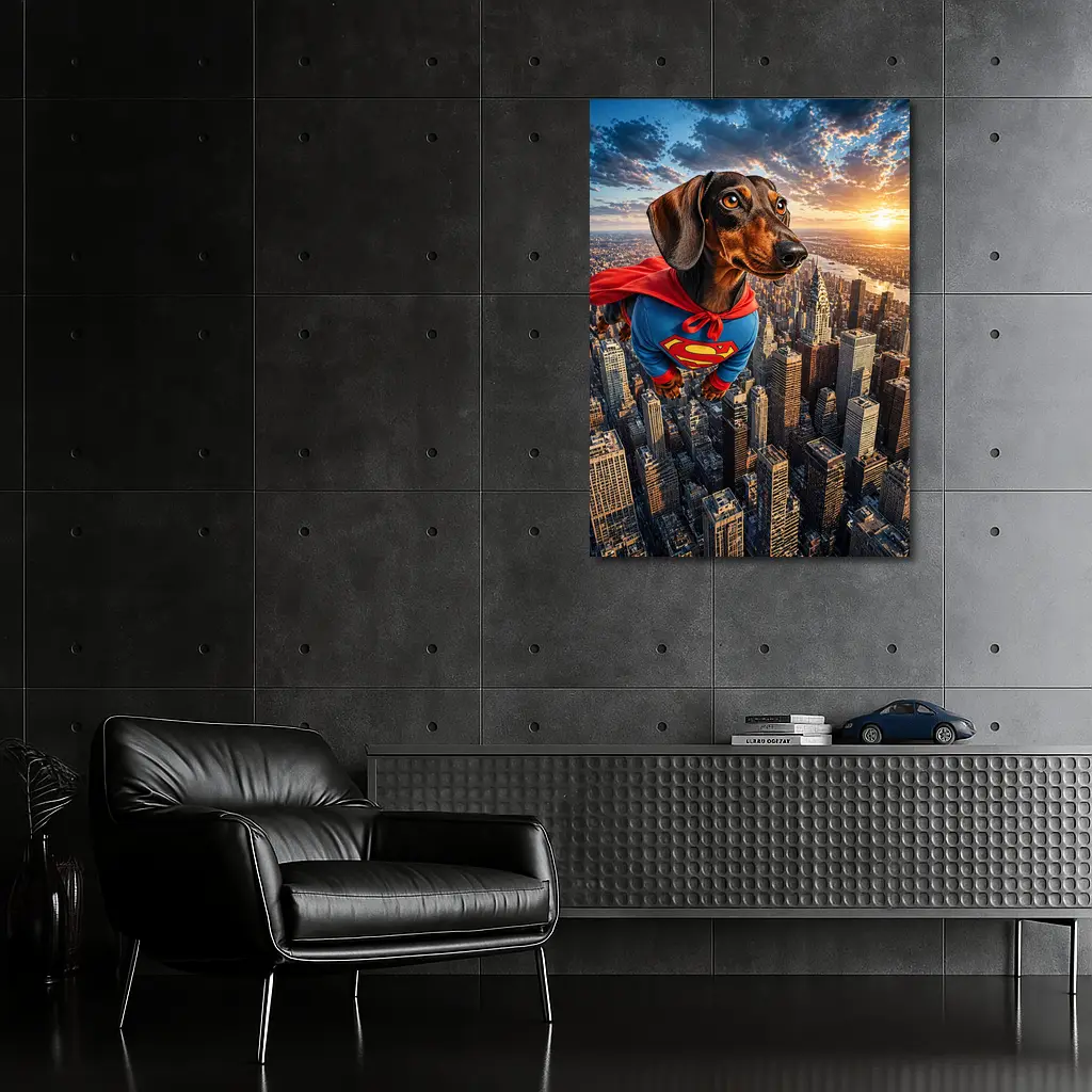 Superhero Dachshund Flying Over City Skyline – Wall Art