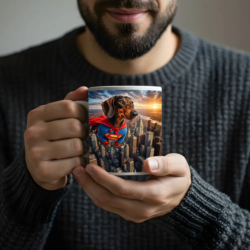 Superhero Dachshund Flying Over City Skyline – Mugs