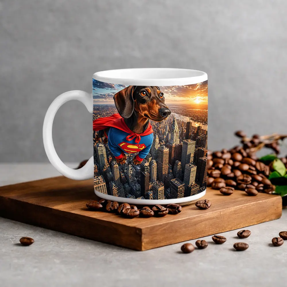 Superhero Dachshund Flying Over City Skyline – Mugs